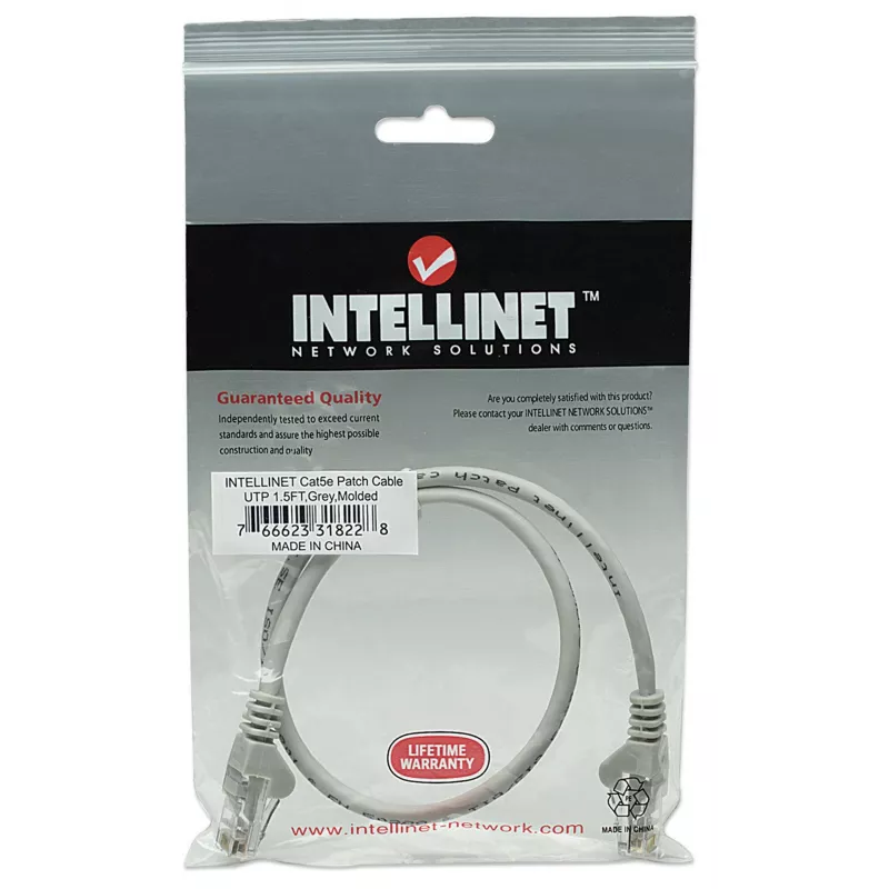 Cable de red patch Intellinet, Cat5e, 0,5 m, gris, CCA, U/UTP, PVC, RJ45, contactos bañados en oro, sin lengüeta, protección antirrotura, garantía de por vida