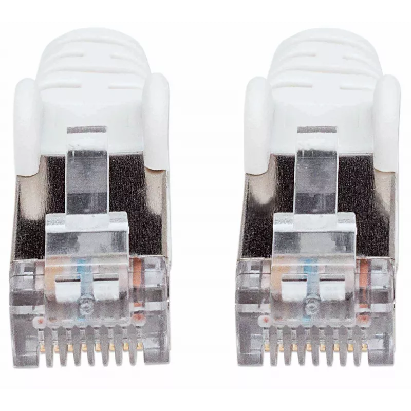 Cable de red patch Intellinet, cable Cat7/conector Cat6A, 0,5 m, blanco, cobre, S/FTP, LSOH/LSZH, PVC, RJ45, contactos bañados en oro, sin lengüeta, con funda antipinzamiento, garantía de por vida