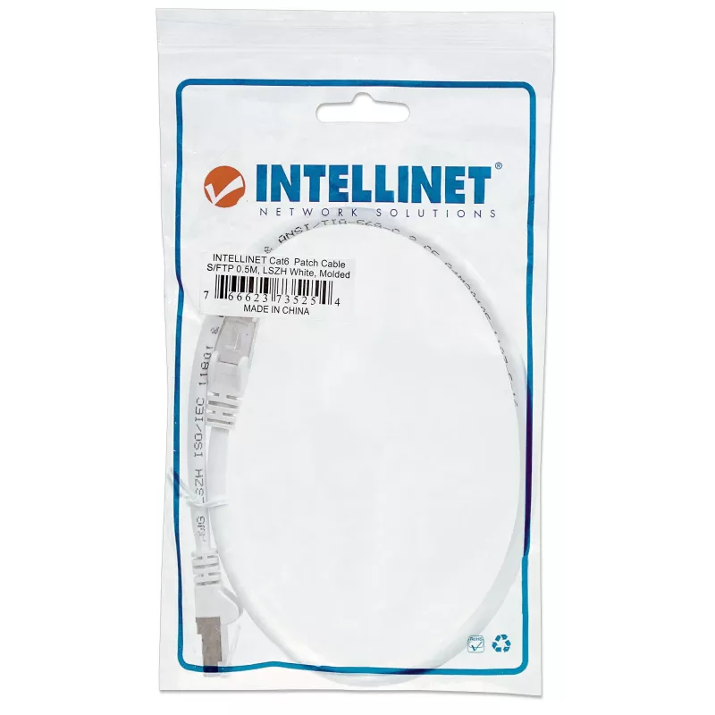Cable de red patch Intellinet, Cat6, 0,5 m, blanco, cobre, S/FTP, LSOH / LSZH, PVC, RJ45, contactos bañados en oro, protección de lengüeta, funda antipinzamiento, garantía de por vida