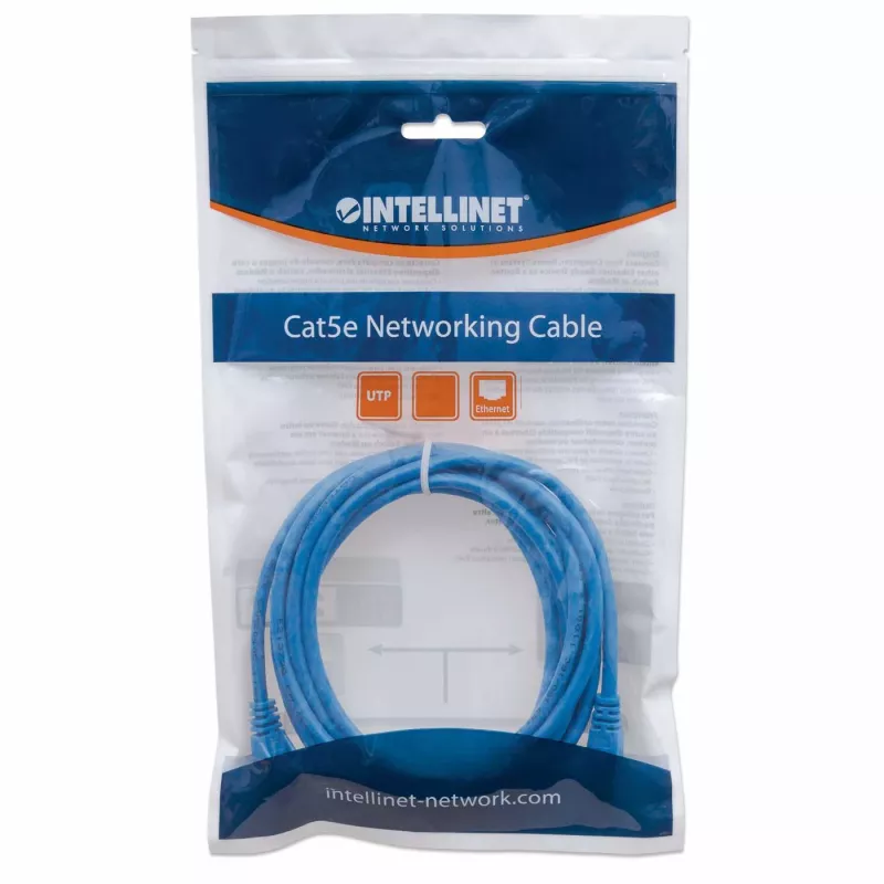 Cable de red patch Intellinet, Cat6, 1 m, azul, CCA, U/UTP, PVC, RJ45, contactos bañados en oro, protección de lengüeta, antipinzamiento moldeado, garantía de por vida