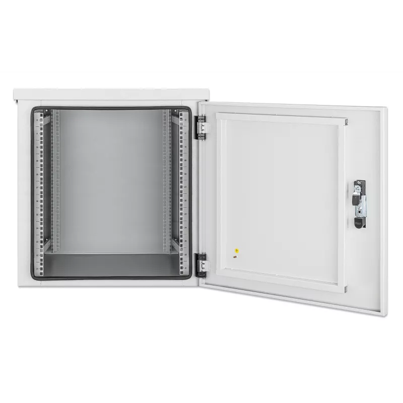 Intellinet 716109 armario mural industrial IP55 de 19 pulgadas con ventiladores integrados, 12U, 600 mm de profundidad, unidad de ventilación de dos ventiladores en el techo, resistente al polvo y al agua, montado, máx. 100 kg, con cerradura, gris claro R