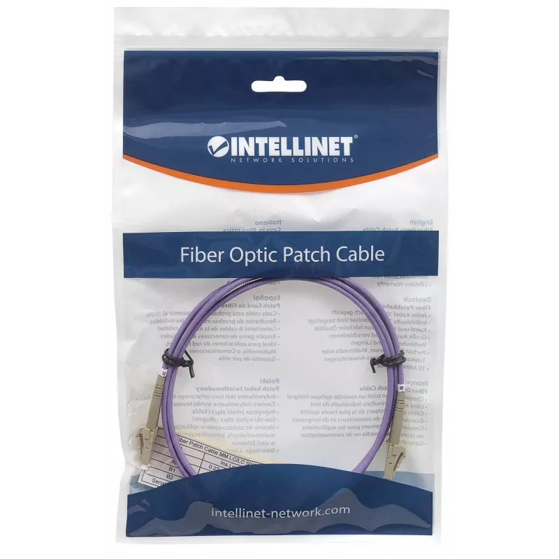 Cable de fibra óptica patch Intellinet, OM4, LC/LC, 2 m, violeta, dúplex, multimodo, 50/125 µm, LSZH, fibra óptica, garantía de por vida