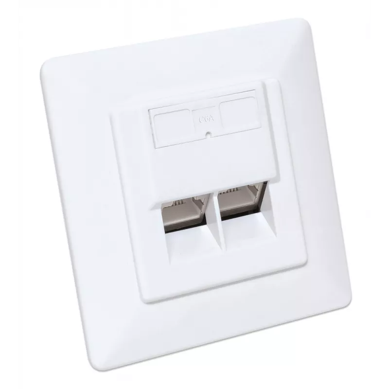 Toma de pared Intellinet RJ45 blindada Cat6a 10G de 2 puertos para empotrar con marco embellecedor, STP, blanco señal RAL9003