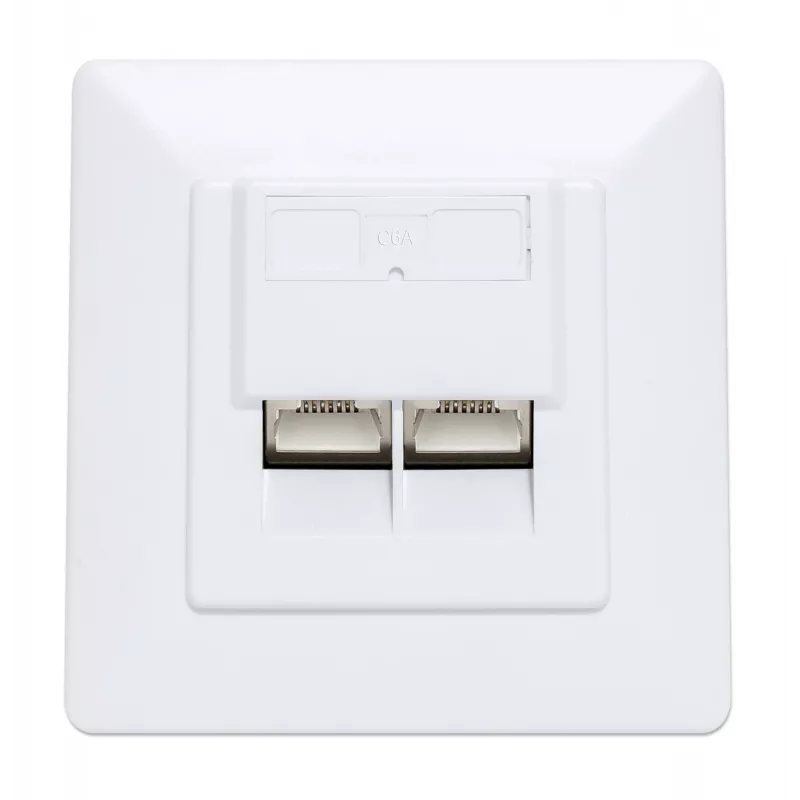 Toma de pared Intellinet RJ45 blindada Cat6a 10G de 2 puertos para empotrar con marco embellecedor, STP, blanco señal RAL9003