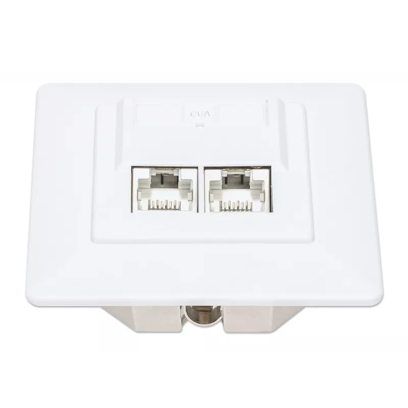 Toma de pared Intellinet RJ45 blindada Cat6a 10G de 2 puertos para empotrar con marco embellecedor, STP, blanco señal RAL9003