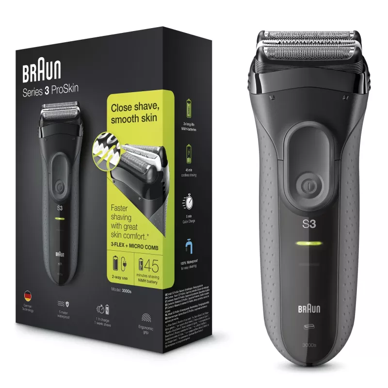 Braun Series 3 Series 3000 Afeitadora, Afeitadora de lámina, Negro, 2 SensoFoil, LED, Funcionamiento, Red/Batería