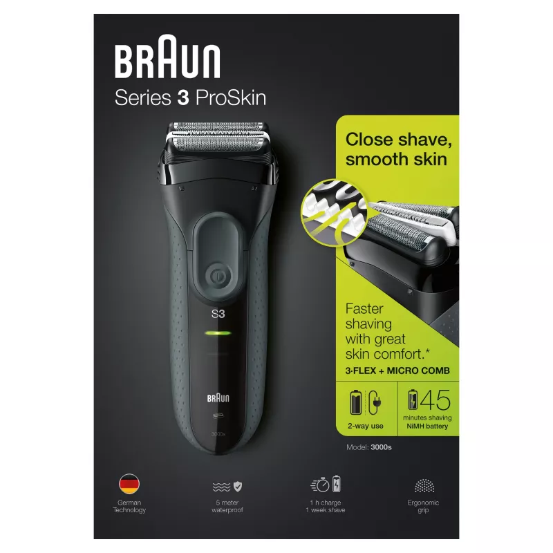 Braun Series 3 Series 3000 Afeitadora, Afeitadora de lámina, Negro, 2 SensoFoil, LED, Funcionamiento, Red/Batería