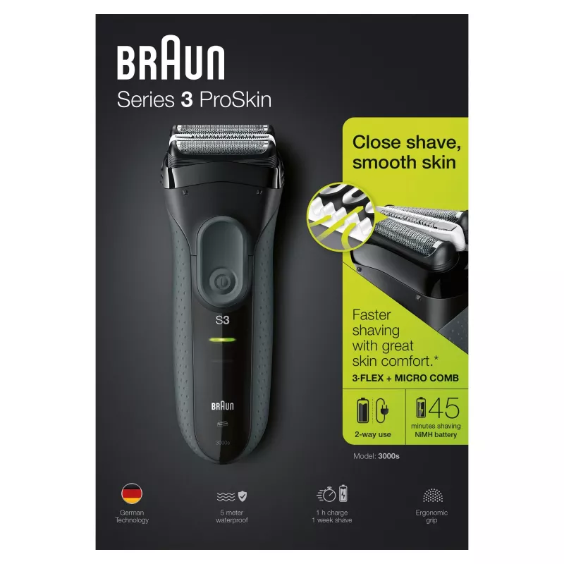 Braun Series 3 Series 3000 Afeitadora, Afeitadora de lámina, Negro, 2 SensoFoil, LED, Funcionamiento, Red/Batería