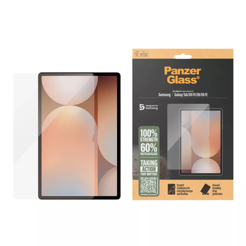 Protector de pantalla PanzerGlass para Samsung Galaxy Tab S9 / S9 FE / S10 FE — vidrio templado, PET, silicona, transparente, Ultra‑Wide Fit
