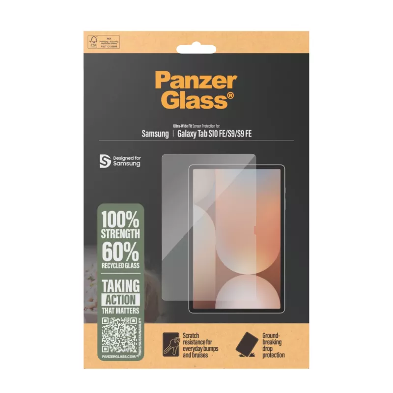 Protector de pantalla PanzerGlass para Samsung Galaxy Tab S9 / S9 FE / S10 FE — vidrio templado, PET, silicona, transparente, Ultra‑Wide Fit