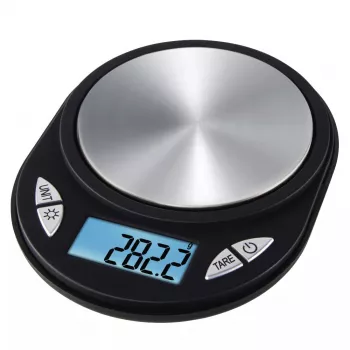Báscula de cocina eléctrica Xavax Jewel negra ovalada — máx. 0,5 kg, precisión 0,1 g, pila CR2032, 130×100×15 mm