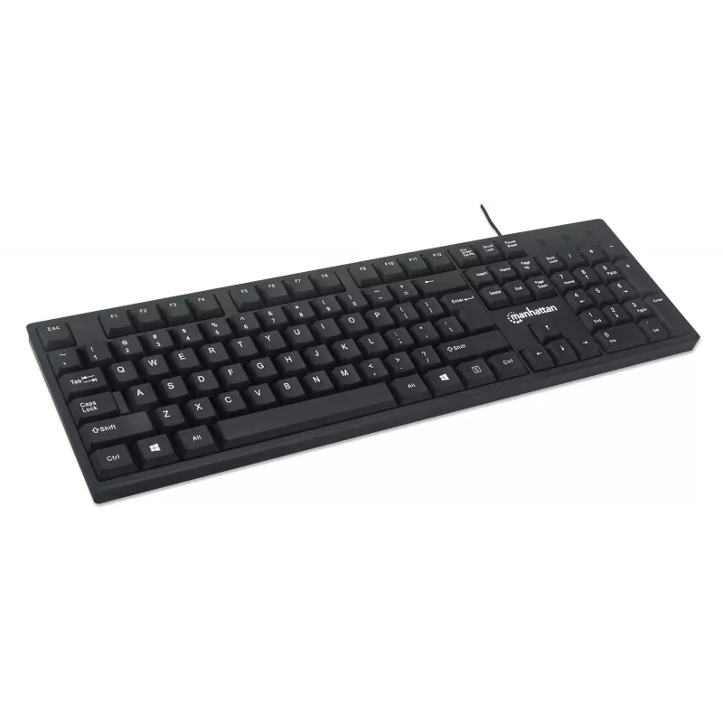 Teclado Manhattan USB con cable, negro, teclas de tamaño completo, cable 1,5 m, conector USB-A, Plug and Play, tres años de garantía