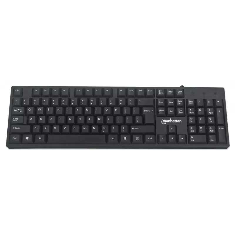 Teclado Manhattan USB con cable, negro, teclas de tamaño completo, cable 1,5 m, conector USB-A, Plug and Play, tres años de garantía
