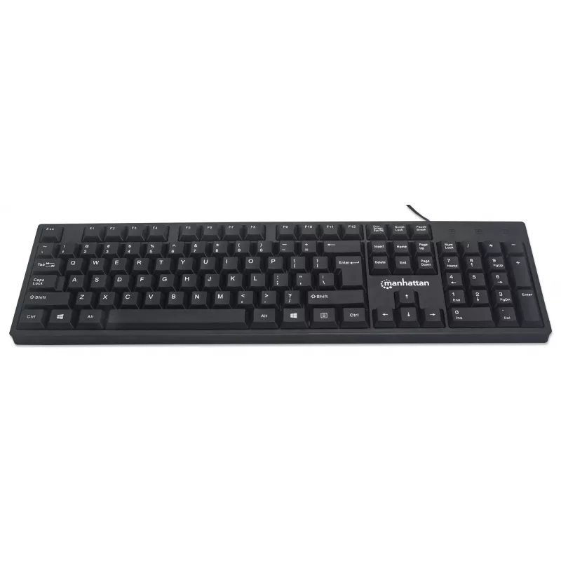 Teclado Manhattan USB con cable, negro, teclas de tamaño completo, cable 1,5 m, conector USB-A, Plug and Play, tres años de garantía