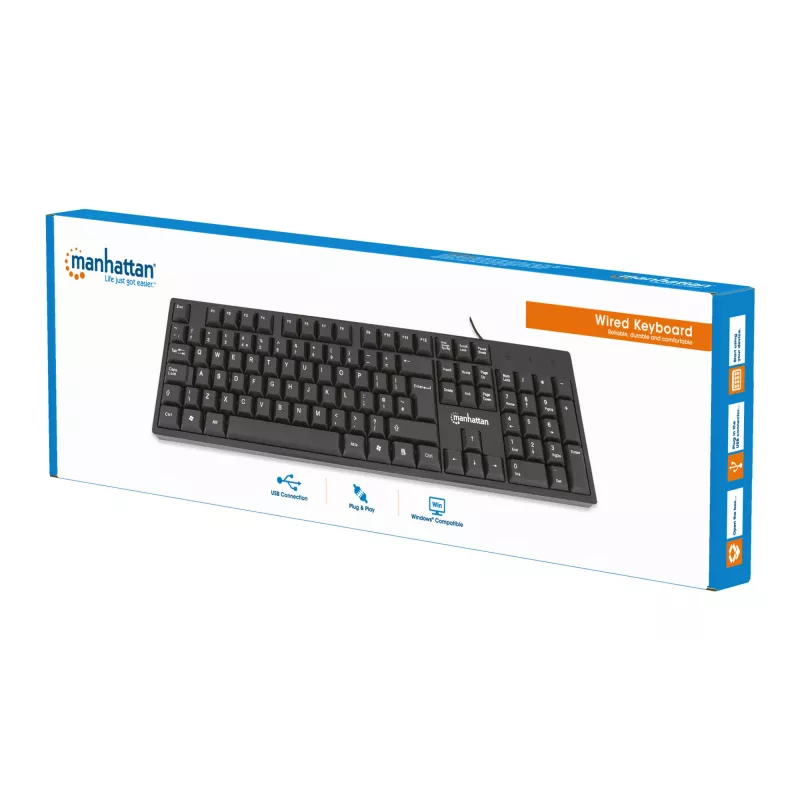 Teclado Manhattan USB con cable, negro, teclas de tamaño completo, cable 1,5 m, conector USB-A, Plug and Play, tres años de garantía