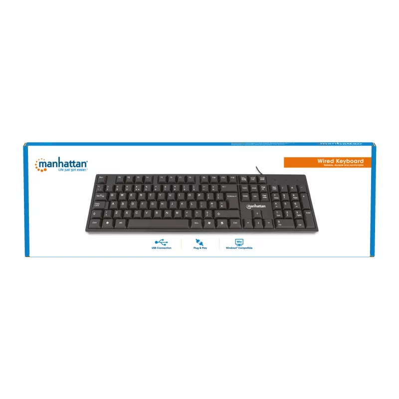 Teclado Manhattan USB con cable, negro, teclas de tamaño completo, cable 1,5 m, conector USB-A, Plug and Play, tres años de garantía