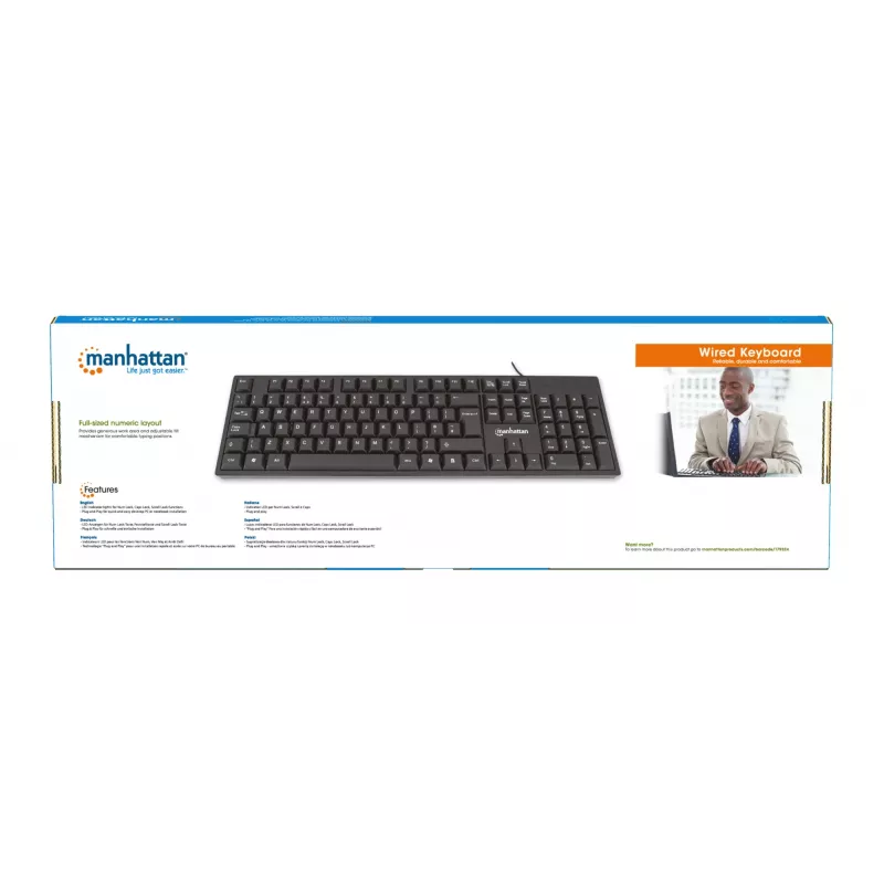 Teclado Manhattan USB con cable, negro, teclas de tamaño completo, cable 1,5 m, conector USB-A, Plug and Play, tres años de garantía