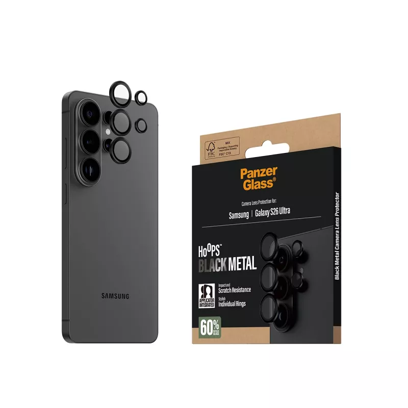 Protector de objetivo de cámara PanzerGlass Hoops para Samsung Galaxy S26 Ultra — Vidrio templado, silicona, Negro