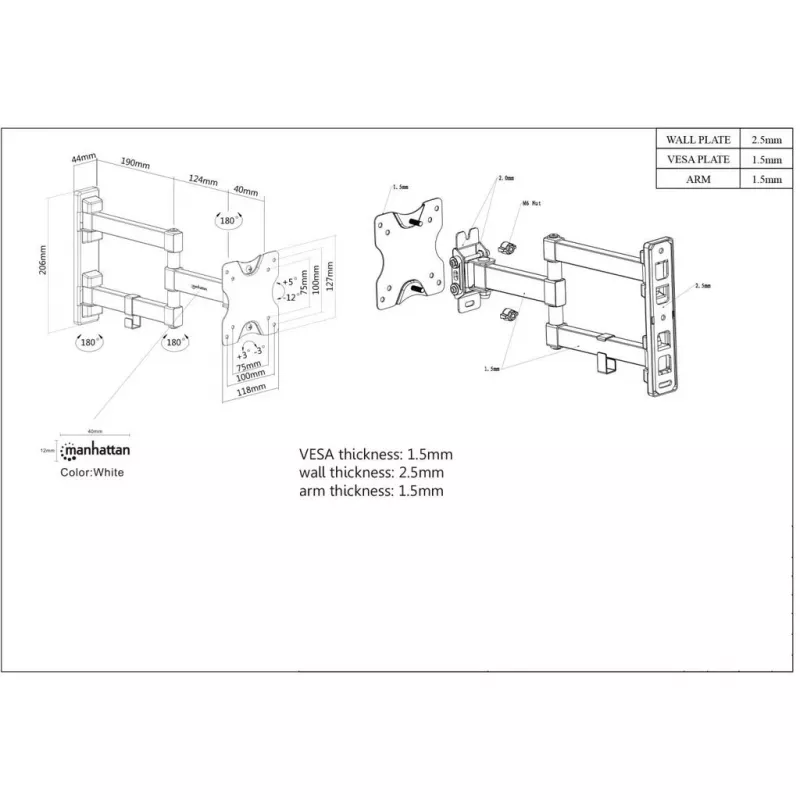 Manhattan Soporte de pared para TV y monitores (Full Motion), Para pantallas de 13 pulgadas a 27 pulgadas, Compatibilidad VESA: 75x75 mm y 100x100 mm – Comprueba las dimensiones de los cuatro orificios de montaje en la parte posterior de la pantalla para asegurar la compatibilidad, Máx. 20 kg, Negro, Soporte