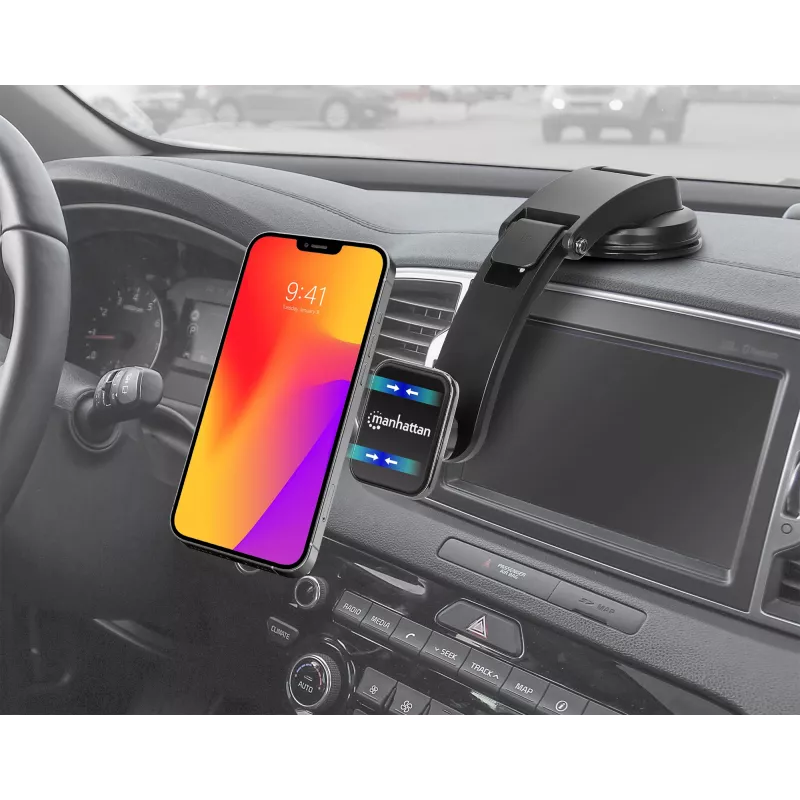Soporte universal para salpicadero de coche Manhattan con soporte magnético para smartphone, uso horizontal o vertical, Negro, tres años de garantía