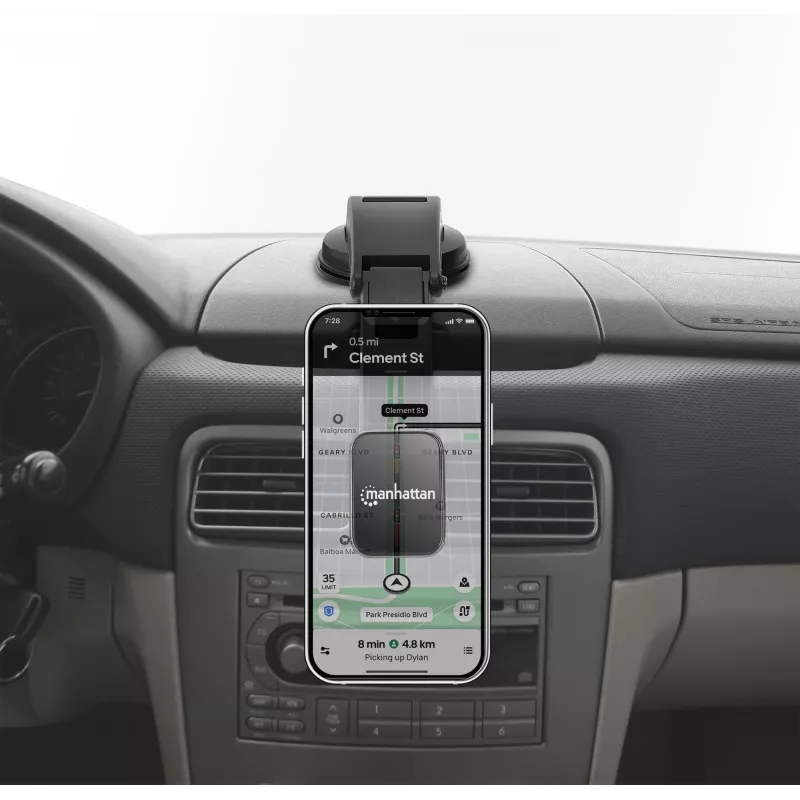 Soporte universal para salpicadero de coche Manhattan con soporte magnético para smartphone, uso horizontal o vertical, Negro, tres años de garantía