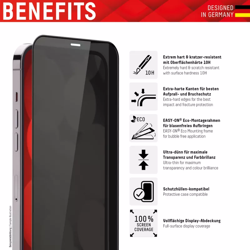 Displex Privacy Full Cover protector de pantalla (10H) para Apple iPhone 12/12 Pro, marco de montaje Eco, filtro de privacidad, vidrio templado, lámina protectora antirrayaduras, compatible con funda