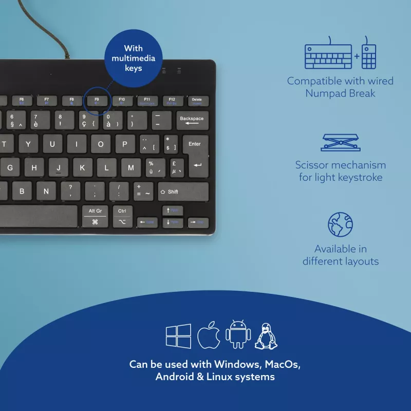 R-Go Tools teclado ergonómico R-Go Compact Break, teclado compacto con software de pausas, AZERTY (BE), con cable, negro