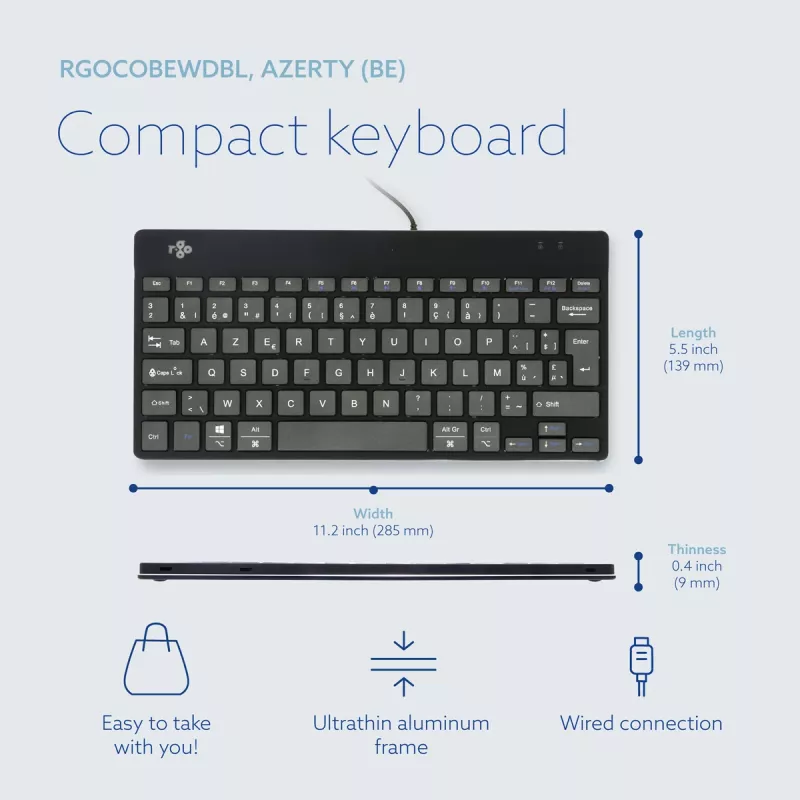 R-Go Tools teclado ergonómico R-Go Compact Break, teclado compacto con software de pausas, AZERTY (BE), con cable, negro
