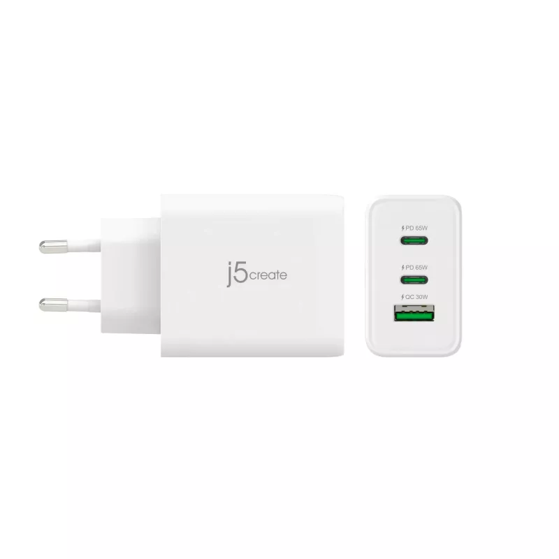 j5create JUP3365E-EN Cargador GaN USB-C® de 65W y 3 puertos, interior, AC, Blanco