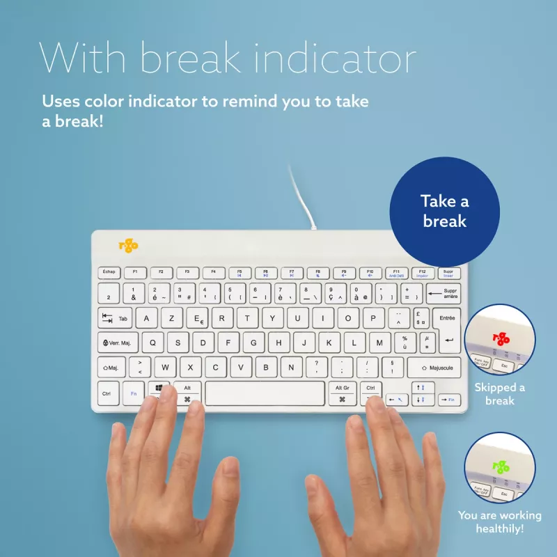 R-Go Tools Teclado ergonómico R-Go Compact Break, teclado compacto con software de pausas, AZERTY (FR), con cable, blanco