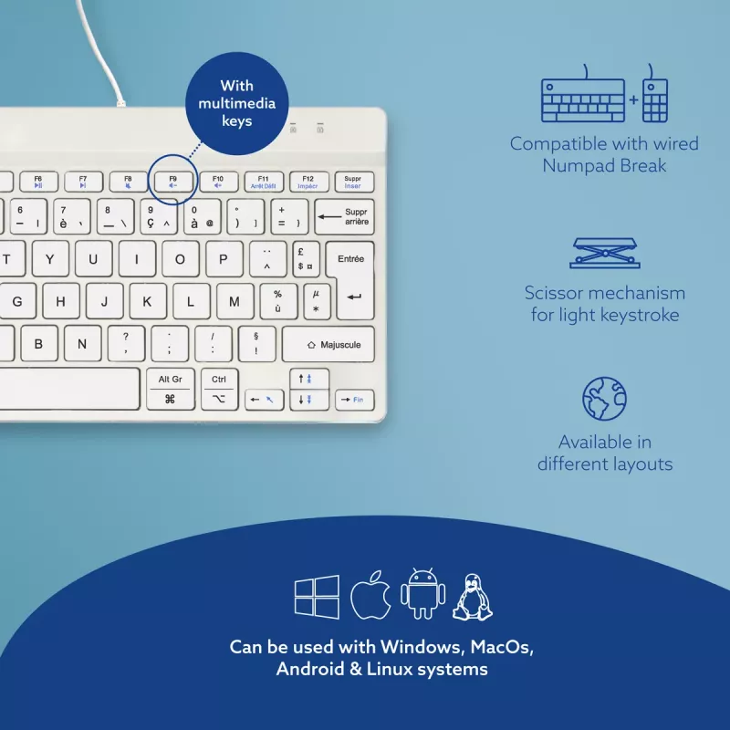 R-Go Tools Teclado ergonómico R-Go Compact Break, teclado compacto con software de pausas, AZERTY (FR), con cable, blanco