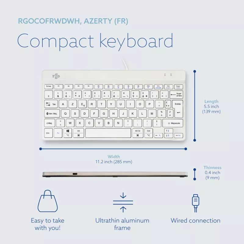 R-Go Tools Teclado ergonómico R-Go Compact Break, teclado compacto con software de pausas, AZERTY (FR), con cable, blanco