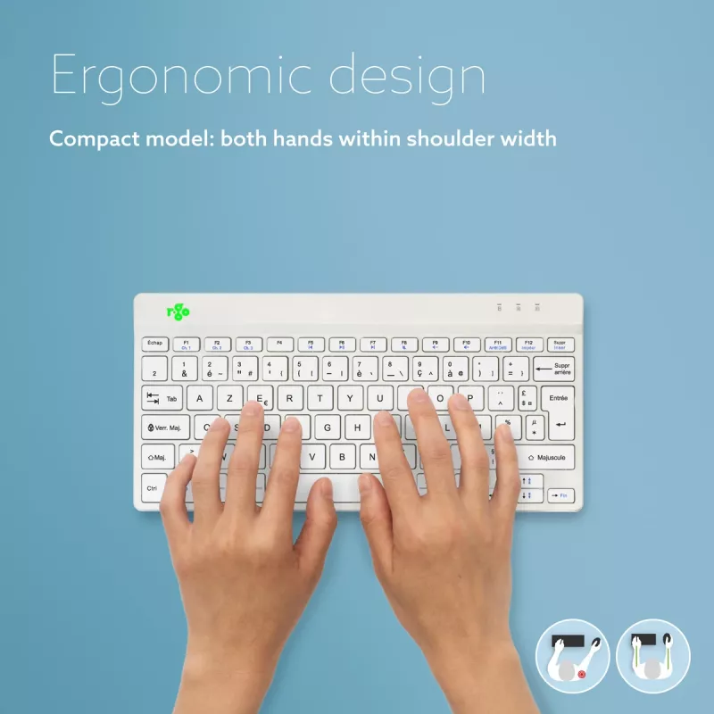 R-Go Tools Teclado ergonómico R-Go Compact Break, teclado compacto con software de pausas, AZERTY (FR), Bluetooth, blanco