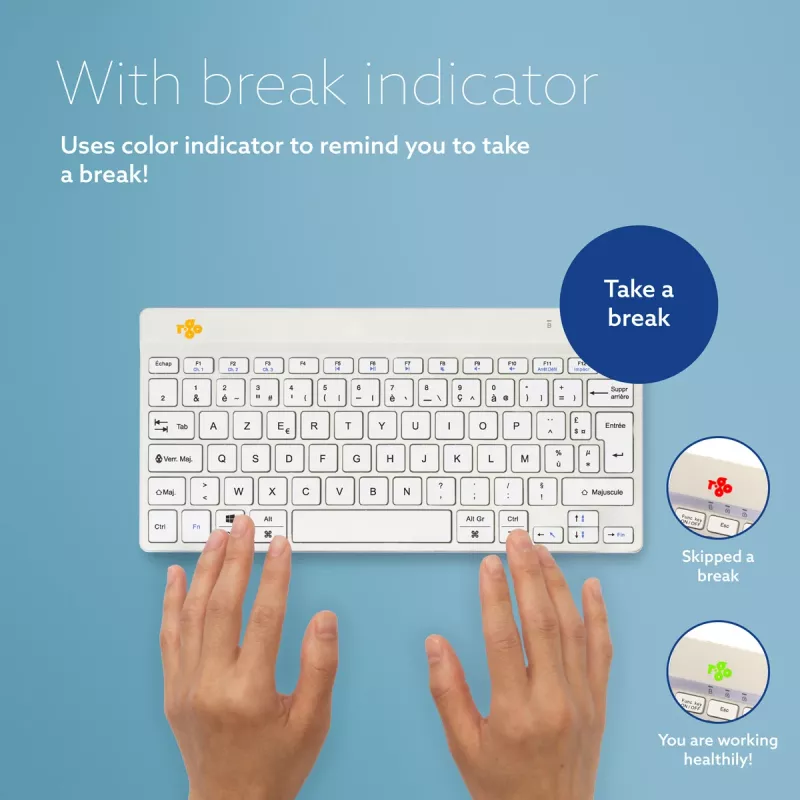 R-Go Tools Teclado ergonómico R-Go Compact Break, teclado compacto con software de pausas, AZERTY (FR), Bluetooth, blanco