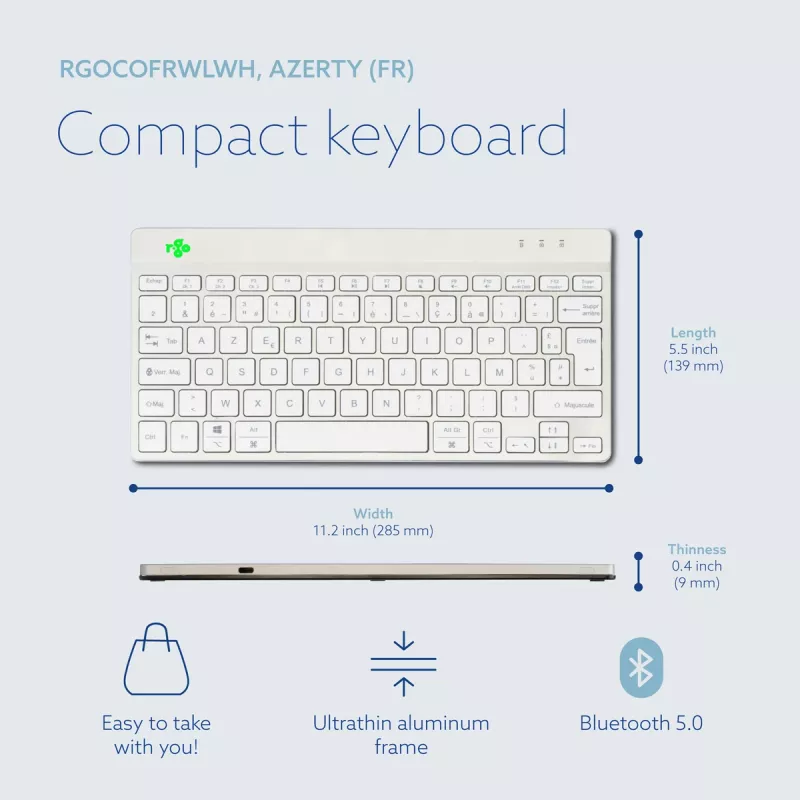R-Go Tools Teclado ergonómico R-Go Compact Break, teclado compacto con software de pausas, AZERTY (FR), Bluetooth, blanco