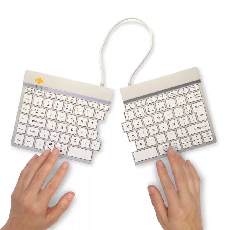 R-Go Tools Teclado ergonómico R-Go Split Break con software de pausas, teclado ergonómico dividido, AZERTY (FR), Bluetooth, blanco