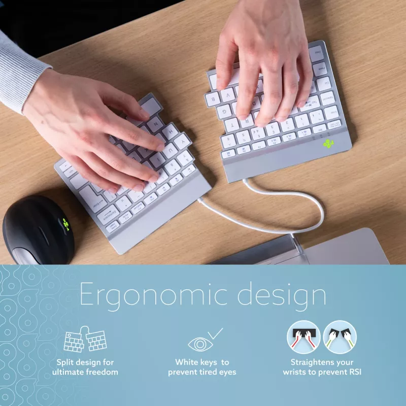 R-Go Tools Teclado ergonómico R-Go Split Break con software de pausas, teclado ergonómico dividido, AZERTY (FR), Bluetooth, blanco