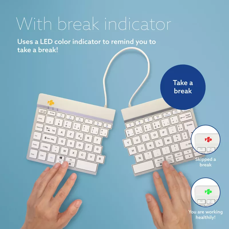 R-Go Tools Teclado ergonómico R-Go Split Break con software de pausas, teclado ergonómico dividido, AZERTY (FR), Bluetooth, blanco