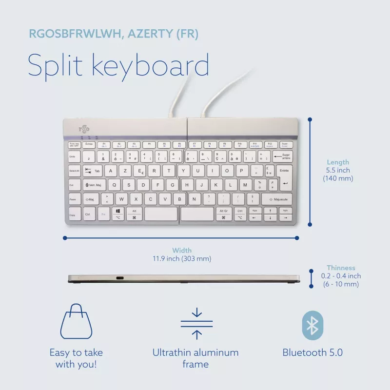 R-Go Tools Teclado ergonómico R-Go Split Break con software de pausas, teclado ergonómico dividido, AZERTY (FR), Bluetooth, blanco