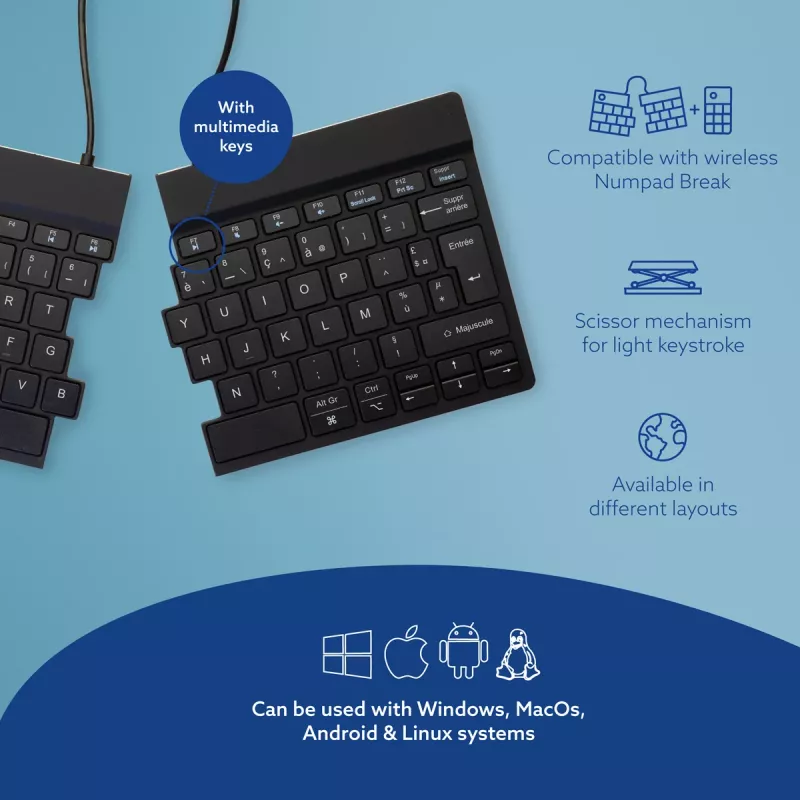 R-Go Tools Teclado ergonómico R-Go Split Break con software de pausas, teclado ergonómico dividido, AZERTY (FR), Bluetooth, negro