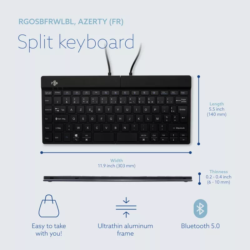 R-Go Tools Teclado ergonómico R-Go Split Break con software de pausas, teclado ergonómico dividido, AZERTY (FR), Bluetooth, negro
