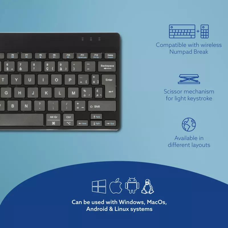 R-Go Tools Teclado ergonómico R-Go Compact Break, teclado compacto con software de pausas, AZERTY (BE), Bluetooth, Negro