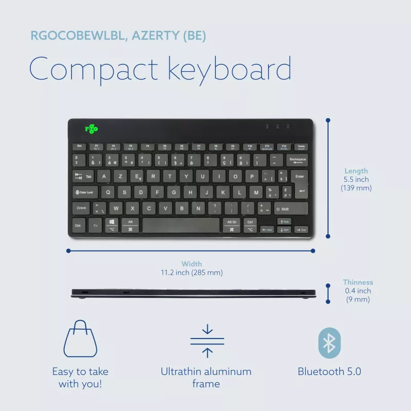 R-Go Tools Teclado ergonómico R-Go Compact Break, teclado compacto con software de pausas, AZERTY (BE), Bluetooth, Negro