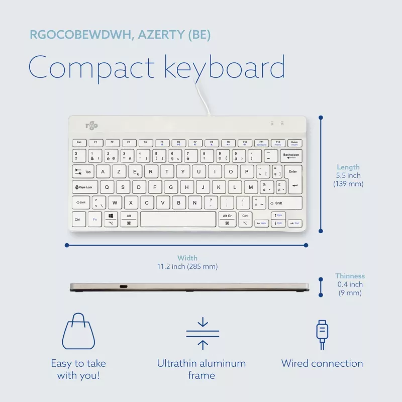 R-Go Tools Teclado ergonómico R-Go Compact Break, teclado compacto con software de pausas, AZERTY (BE), con cable, blanco