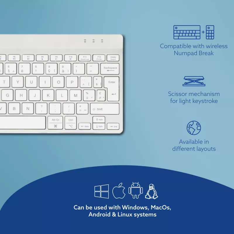R-Go Tools Teclado ergonómico R-Go Compact Break, teclado compacto con software de pausas, AZERTY (BE), Bluetooth, blanco