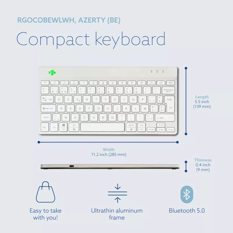 R-Go Tools Teclado ergonómico R-Go Compact Break, teclado compacto con software de pausas, AZERTY (BE), Bluetooth, blanco