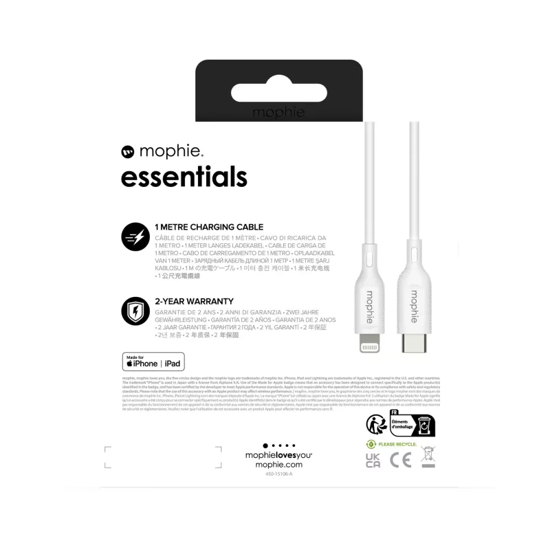 mophie essentials Cable de carga Lightning a USB-C (1M) Blanco