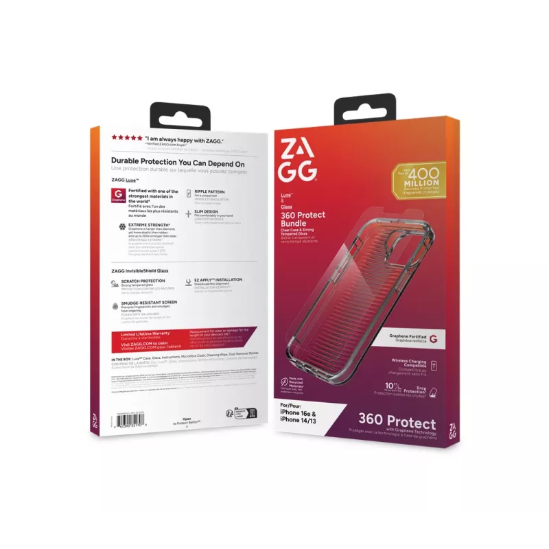 ZAGG 700518204 Luxe + Glass 360 pack (tapa trasera + cristal) para Apple iPhone 16e/14/13, transparente