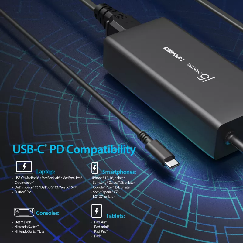 j5create JUP17140-EN cargador GaN USB-C de 140 W, PD 3.1, EU
