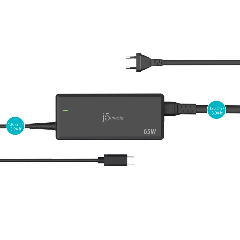 Adaptador de alimentación USB-C PD j5create JUP1265 — 65W, interior, negro, plástico, 118×32×50 mm (UE)